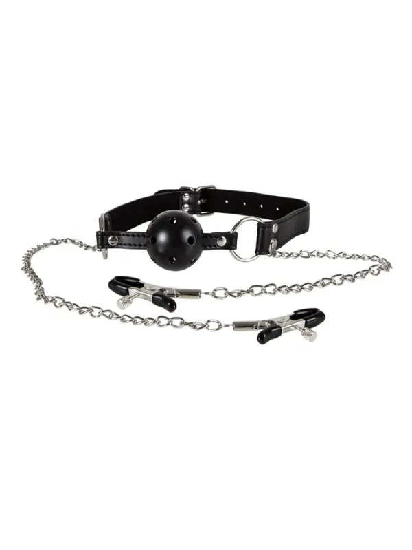 Diabolique Black Gag With Nipple Clamps Gagball med bröstklämmor