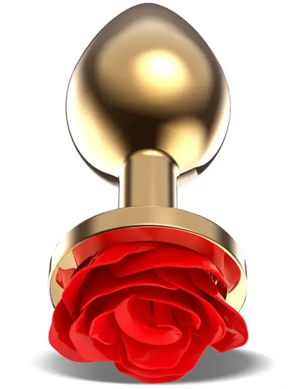 Golden Metal Anal Plug With Red Rose Medium Analplugg metall
