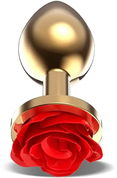 Golden Metal Anal Plug With Red Rose Small Analplugg metall