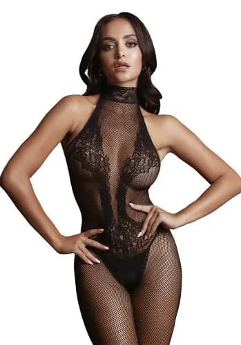 High neck fishnet and lace bodystocking