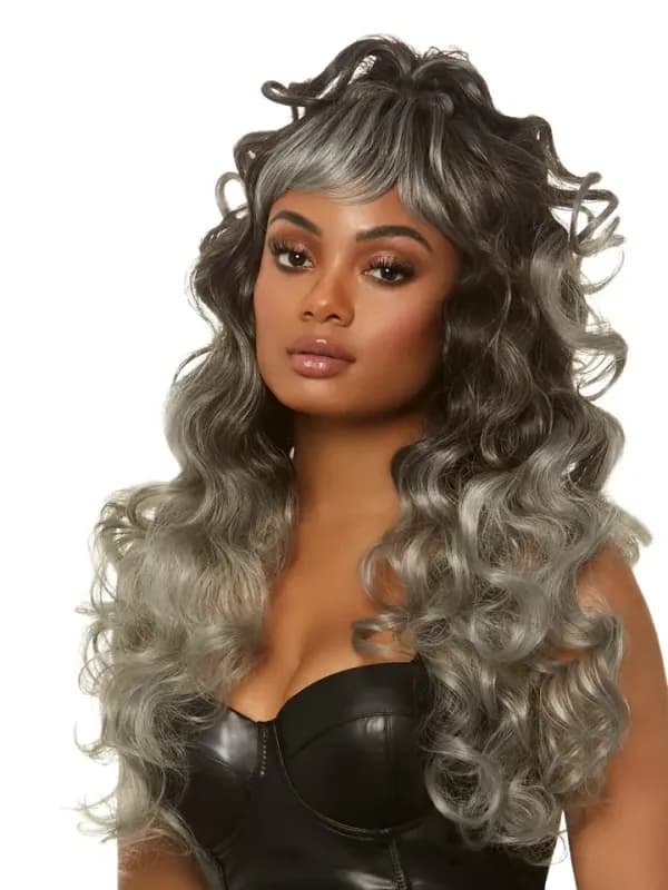 Long Curly Wispy Bang Wig Grey Peruk