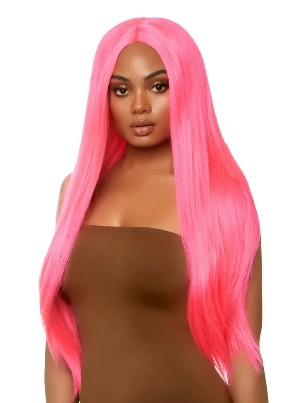 Long Straight Center Part Wig Neon Pink Peruk