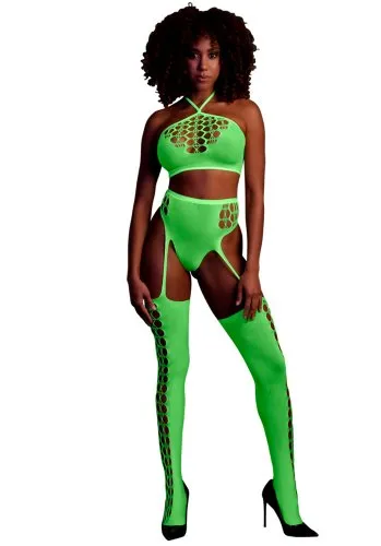 Two Piece with crop top and stockings - Neon Green