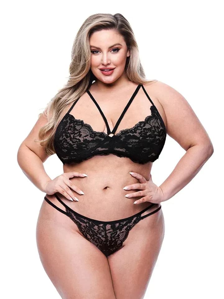 Eco Strappy Bra & Panty Set Black Queen Size Underklädesset