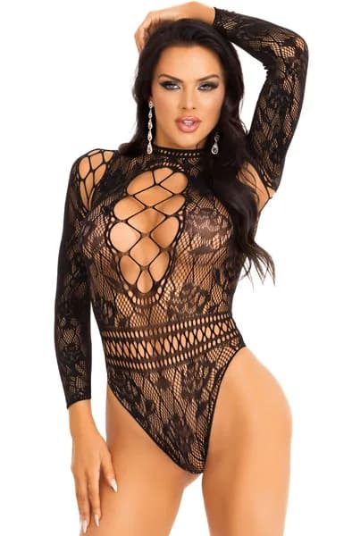 High Neck Lace Bodysuit Black O/S Body & Playsuits