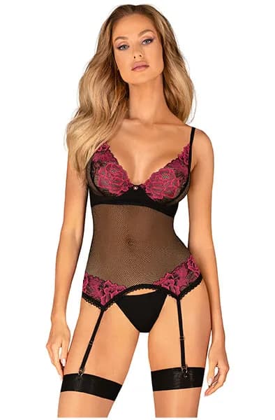 Obsessive Rosenty Corset & Thong M/L Korsett med stringtrosa