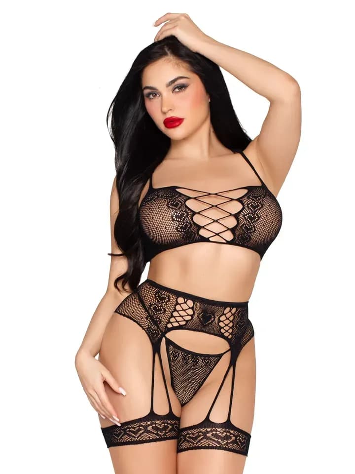 3-pcs Heart Bra Set & Harness Black O/S Underklädesset