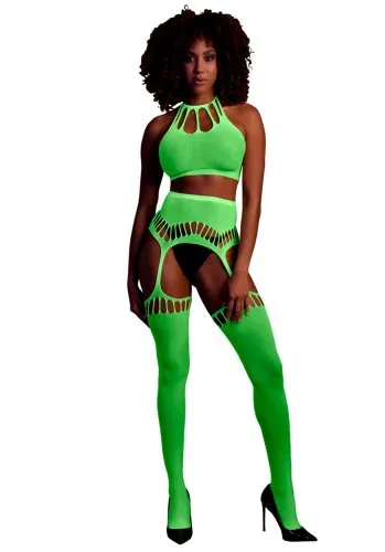 Two piece with crop top and stockings - Neon Green