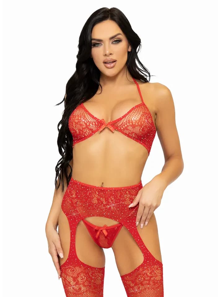 Lace Bra, String & Garter Belt Stockings Red