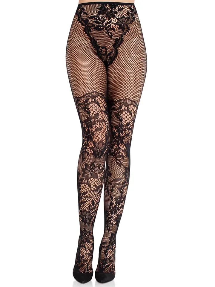 Dahlia Lace Tights With Net Thigh Detail Black O/S Strumpbyxor