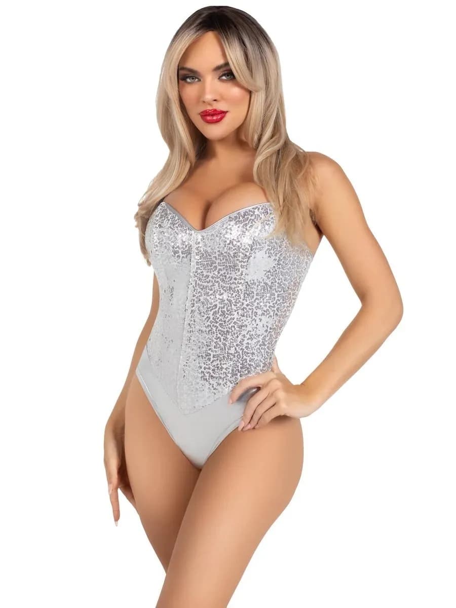 Sequin Boned Bodysuit Silver S Body & Playsuits