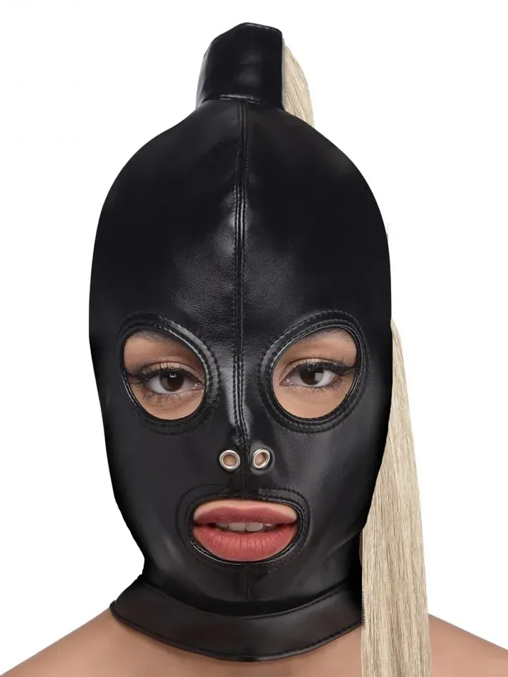 Strict Blonde Ponytail Bondage Hood Black BDSM mask
