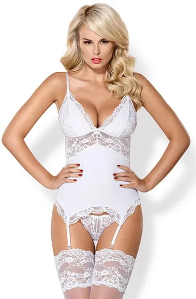 Obsessive 810-COR-2 Corset & Thong White S/M Korsett med stringtrosa