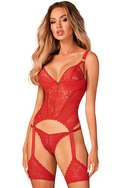 Obsessive Belovya Corset Red XS/S Korsett med stringtrosa