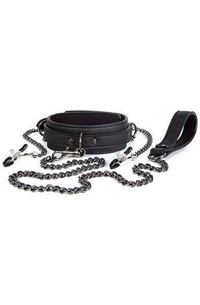 Dark Desire - Svart Halsband Med Bröstklämmor Och Koppel