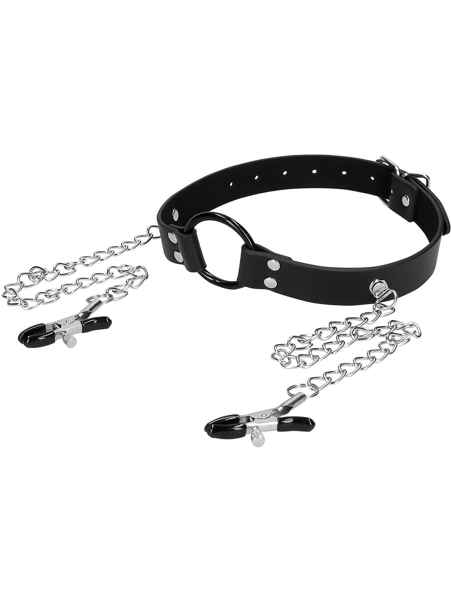 O-Ring Gag with Nipple Clamps - Svart