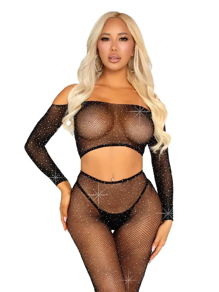 Rhinestone Fishnet Crop Top & Legging Black O/S Body & Playsuits