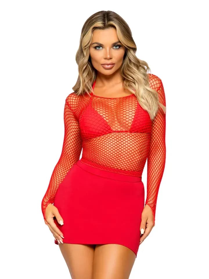 Elastane Long Sleeved Fishnet Shirt Red O/S Fishnet top