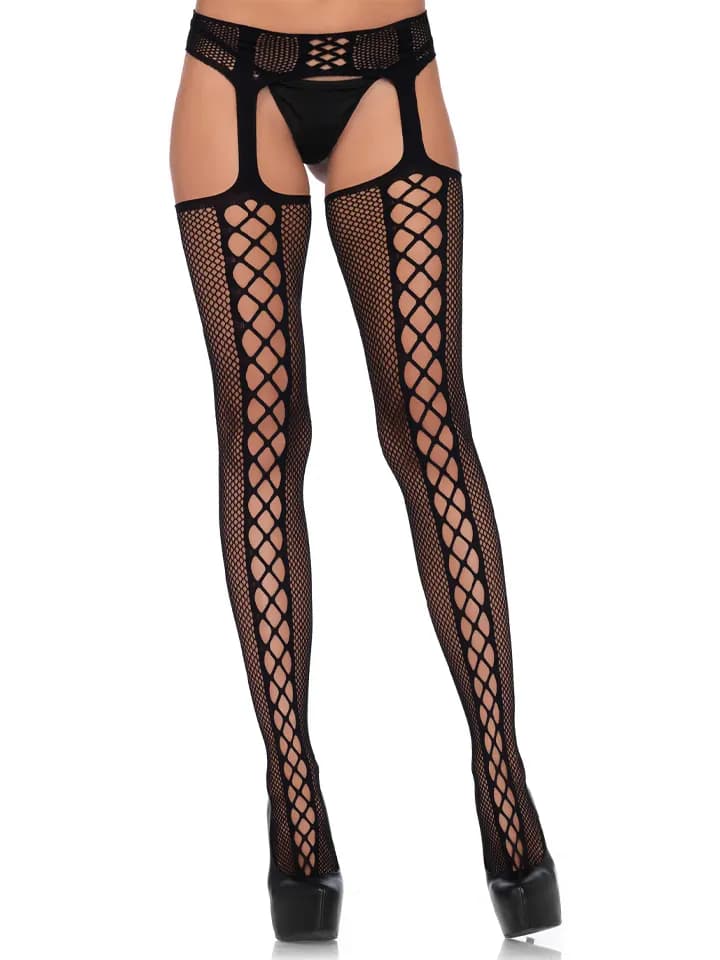 Lace Up Backseam Stockings With Garter Belt Black O/S Strumpbyxor