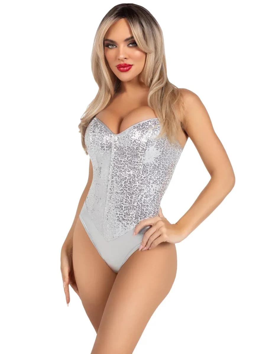 Sequin Boned Bodysuit Silver M Body & Playsuits