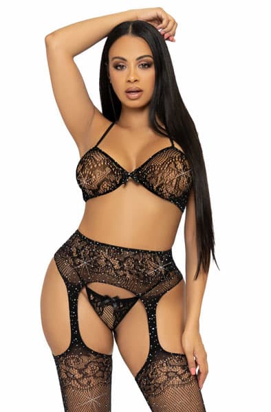 Bra Top, String & Stockings Black