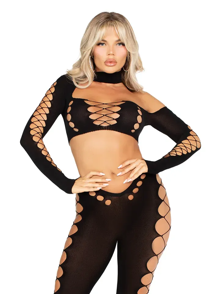 Seamless Cut-Out Crop Top & Legging Black O/S Body & Playsuits