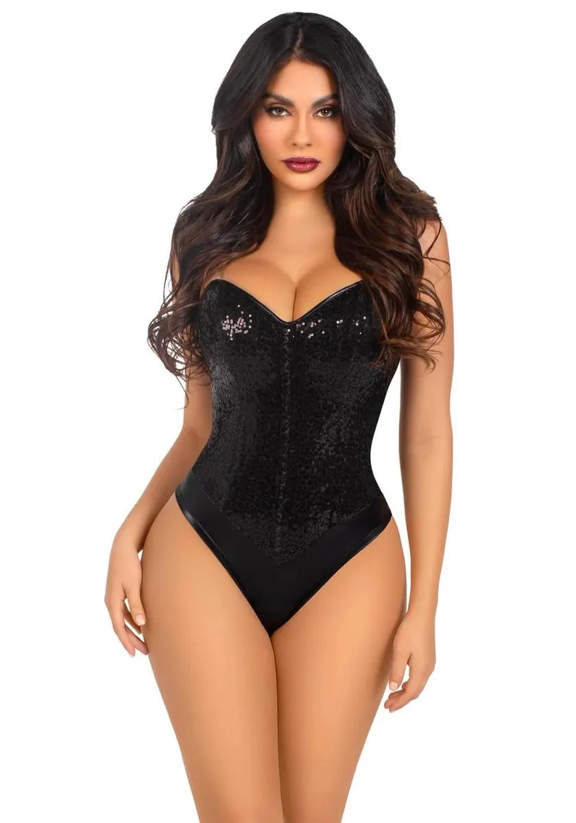 Sequin Boned Bodysuit Black L Body & Playsuits