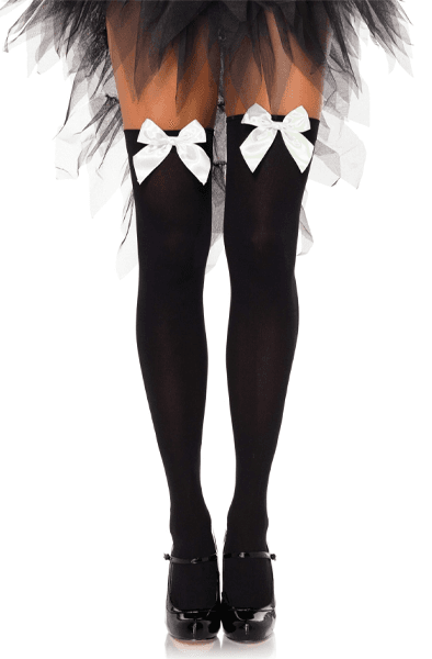 Nylon Thigh Highs With Bow Black/White