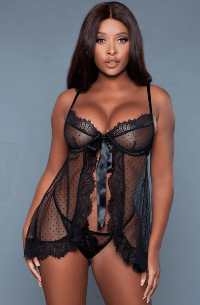 Emma Polka Dot Mesh Babydoll Black